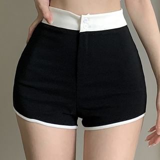 Hot Plain / Scoop Waist Crop Contrast T-Shirt Short-Sleeve Pants High Neck Trim