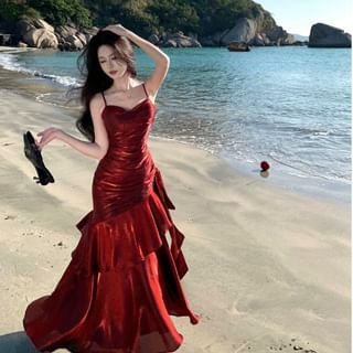 Ruched Strap Neck Mermaid Plain Spaghetti Scoop gown Evening