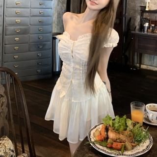 Blouse Skirt High Panel A-Line Slim / Lace Waist Fit Short-Sleeve Mini