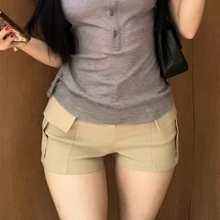 Hot Fit Tee Waist Collared Pants Half-Buttoned Plain Short-Sleeve / High Slim