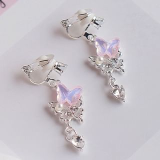Faux Drop / Pearl Clip-On Earring Rhinestone Butterfly