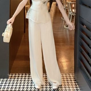 Collar Pants Buttoned Plain Embroidered Top Tube Cap-Sleeve Floral / Leg Frog Crop Wide Rise Slit Stand Set High