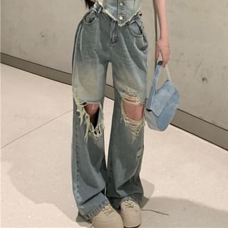 Denim Fit Button-Up / High Washed Rise Ripped Tube Crop Jeans Loose Top Frayed