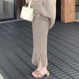 Front High Plain Jacket Camisole Lace Maxi / Top Skirt Pencil Waist Open V-Neck Trim Fringe