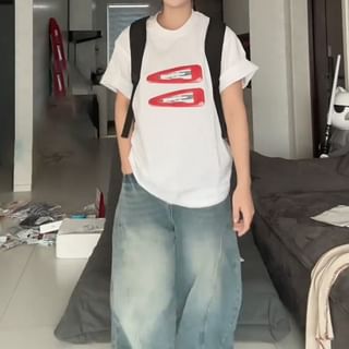 Oversized Round Print Short-Sleeve Neck T-Shirt