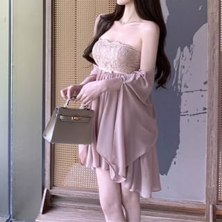 Mini Plain Panel / Dress Accent Lace A-Line Shawl Strapless Bow