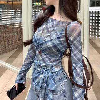 Long-Sleeve Sheer T-Shirt Asymmetrical Neck Plaid Boat