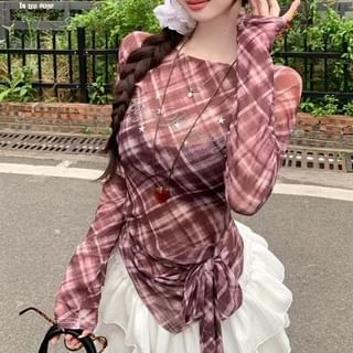 Long-Sleeve Sheer T-Shirt Asymmetrical Neck Plaid Boat