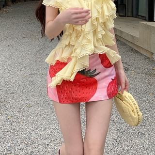 Print High Top Waist Ruffle Mini Halter Skirt Pencil Plain / Strawberry