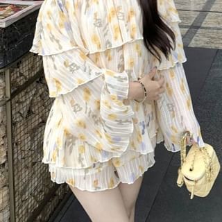 Blouse Long Shorts Off Print Sleeve High Waist / Shoulder Floral Ruffle