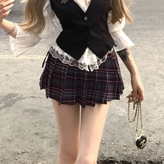 / Skirt Blouse Plain Waist Plaid Button-Up Lace Trim A-Line Top Mini High Cami Striped Puff-Sleeve Pleated