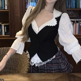 / Skirt Blouse Plain Waist Plaid Button-Up Lace Trim A-Line Top Mini High Cami Striped Puff-Sleeve Pleated