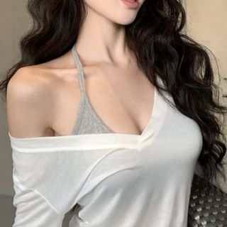 Plain Tee Halter Scoop V-Neck Long-Sleeve Neck Top /