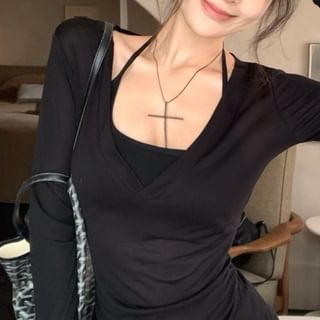 Plain Tee Halter Scoop V-Neck Long-Sleeve Neck Top /