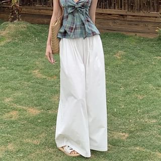 Plaid Tank Waist Halter Plain Bow Top / Culottes Peplum High