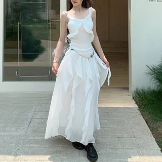 Skirt Trim / Slim Plain Elastic Tank Ruffle Top Asymmetrical A-Line Fit Midi Waist