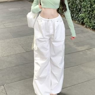 V-Neck Leg Plain Knit Waist Wide Crop Ribbed Pants Long-Sleeve Cargo Top / Drawstring