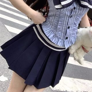 Sleeveless Rise / Blouse Striped High Mini A-Line Bow Collar Skirt Pleated