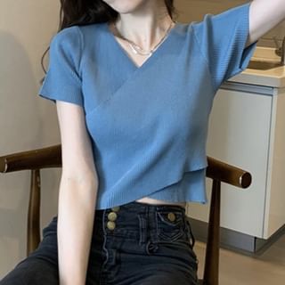 V-Neck Ribbed Crop Asymmetrical Short-Sleeve Plain Tee
