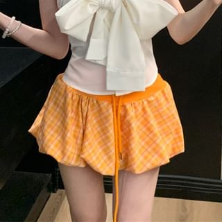 Tube Waist Plain Balloon Bow / Skirt Top Plaid A-Line Drawstring Mini