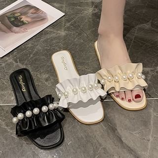 Ruffle Pearl Slide Faux Sandals