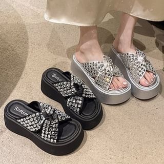 Platform Sandals Cross Strap Rhinestone