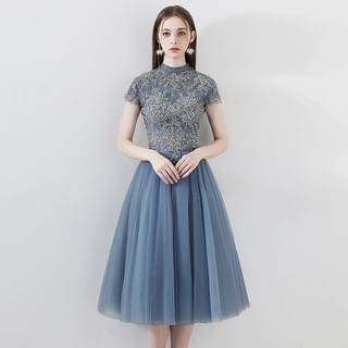 Gown Mock Panel Short-Sleeve Dress / Cocktail Evening Lace Neck