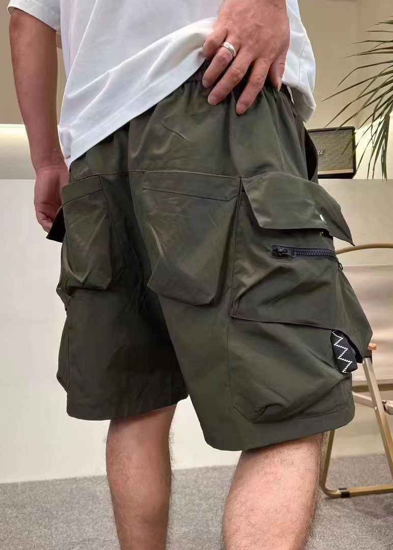 Elastic Loose Zip Pockets Green Summer Cotton Up Waist Mens Army Shorts