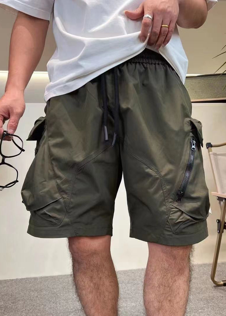 Elastic Loose Zip Pockets Green Summer Cotton Up Waist Mens Army Shorts