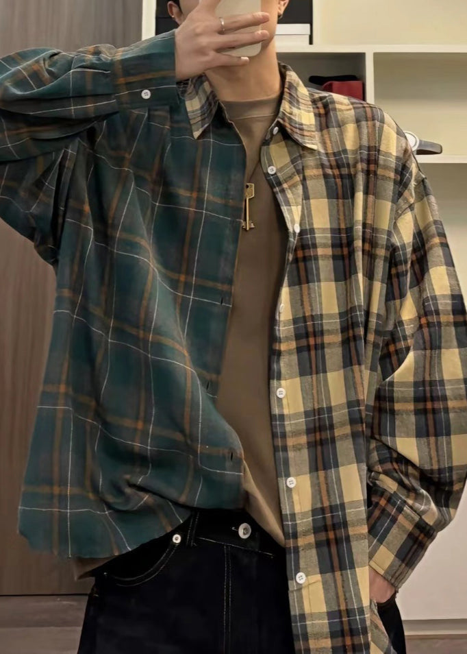 Loose Shirts Plaid Asymmetrical Cotton Button Spring Mens