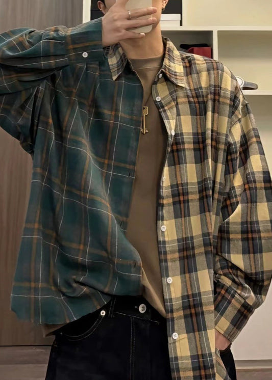 Loose Shirts Plaid Asymmetrical Cotton Button Spring Mens