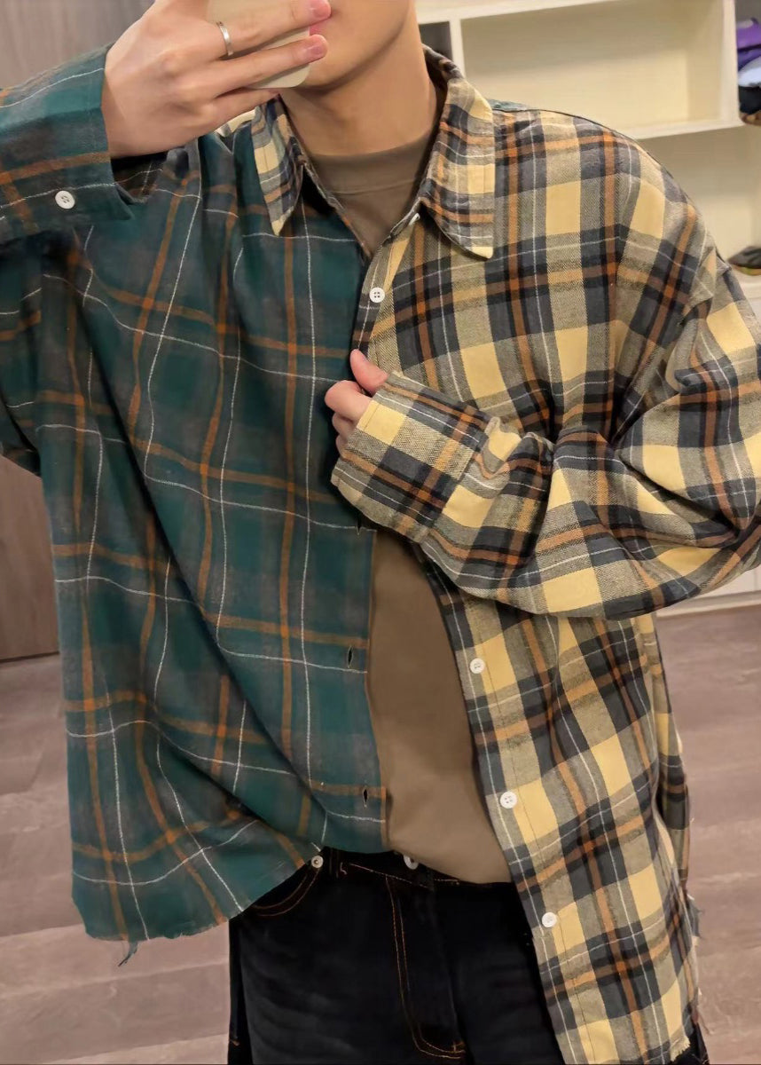 Loose Shirts Plaid Asymmetrical Cotton Button Spring Mens