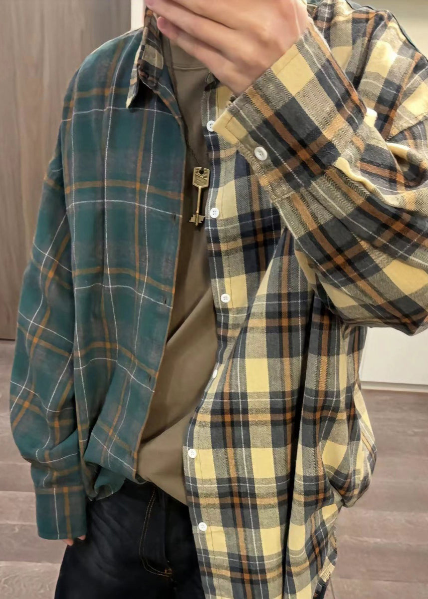 Loose Shirts Plaid Asymmetrical Cotton Button Spring Mens