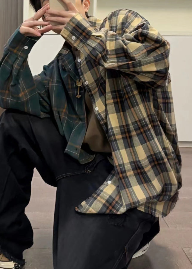 Loose Shirts Plaid Asymmetrical Cotton Button Spring Mens