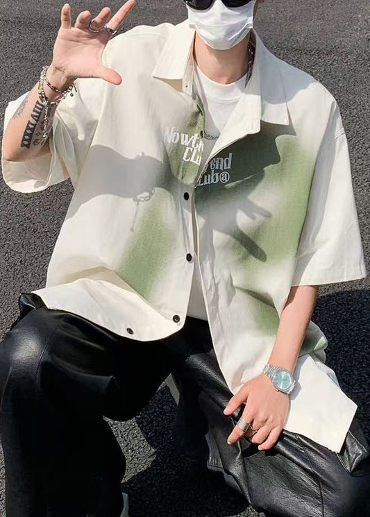 Men Letter Cotton Beige Color Gradient Shirts Loose Spring