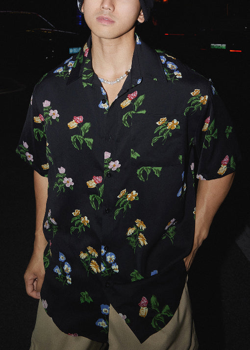 Print Collar Summer Pan Black Shirt Men Peter Cotton Loose