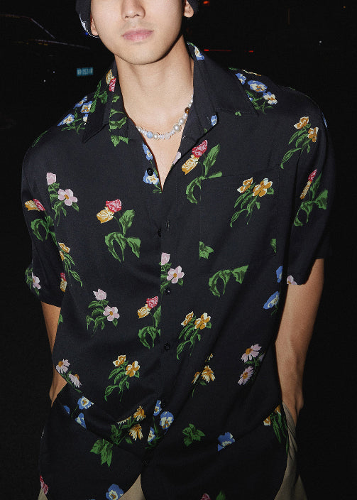 Print Collar Summer Pan Black Shirt Men Peter Cotton Loose