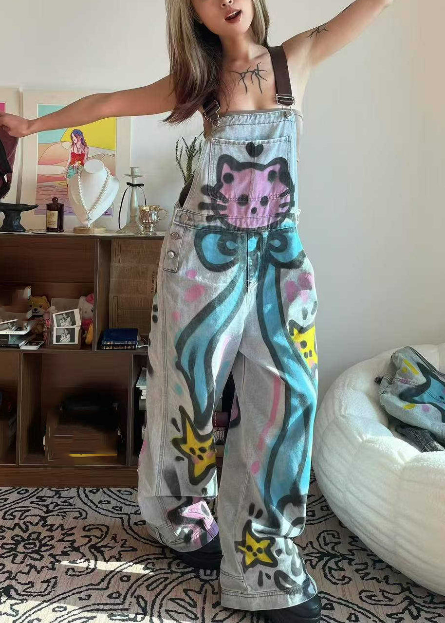 Blue Patchwork Loose Pockets Jumpsuit Dye Denim Summer Little Cats Tie