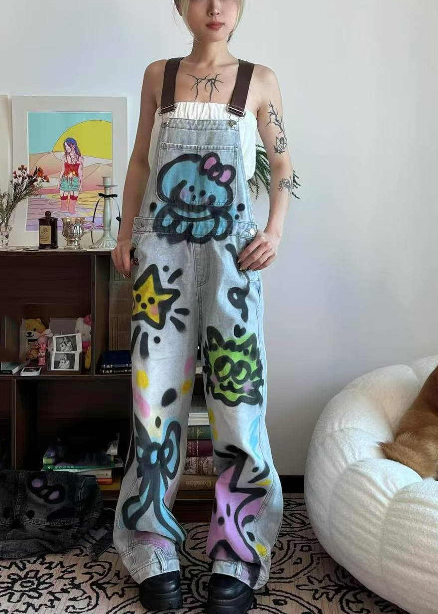 Blue Patchwork Loose Pockets Jumpsuit Dye Denim Summer Little Cats Tie