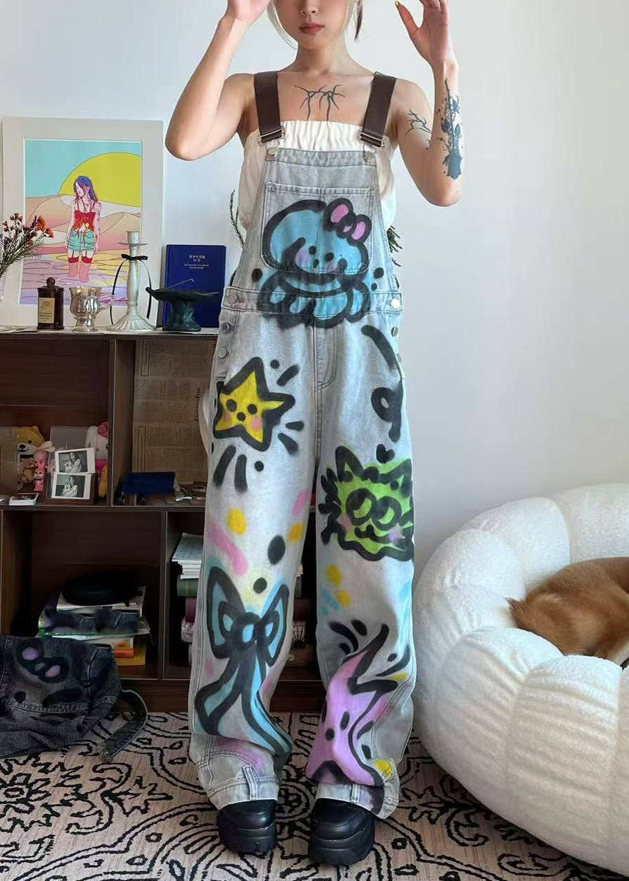 Blue Patchwork Loose Pockets Jumpsuit Dye Denim Summer Little Cats Tie