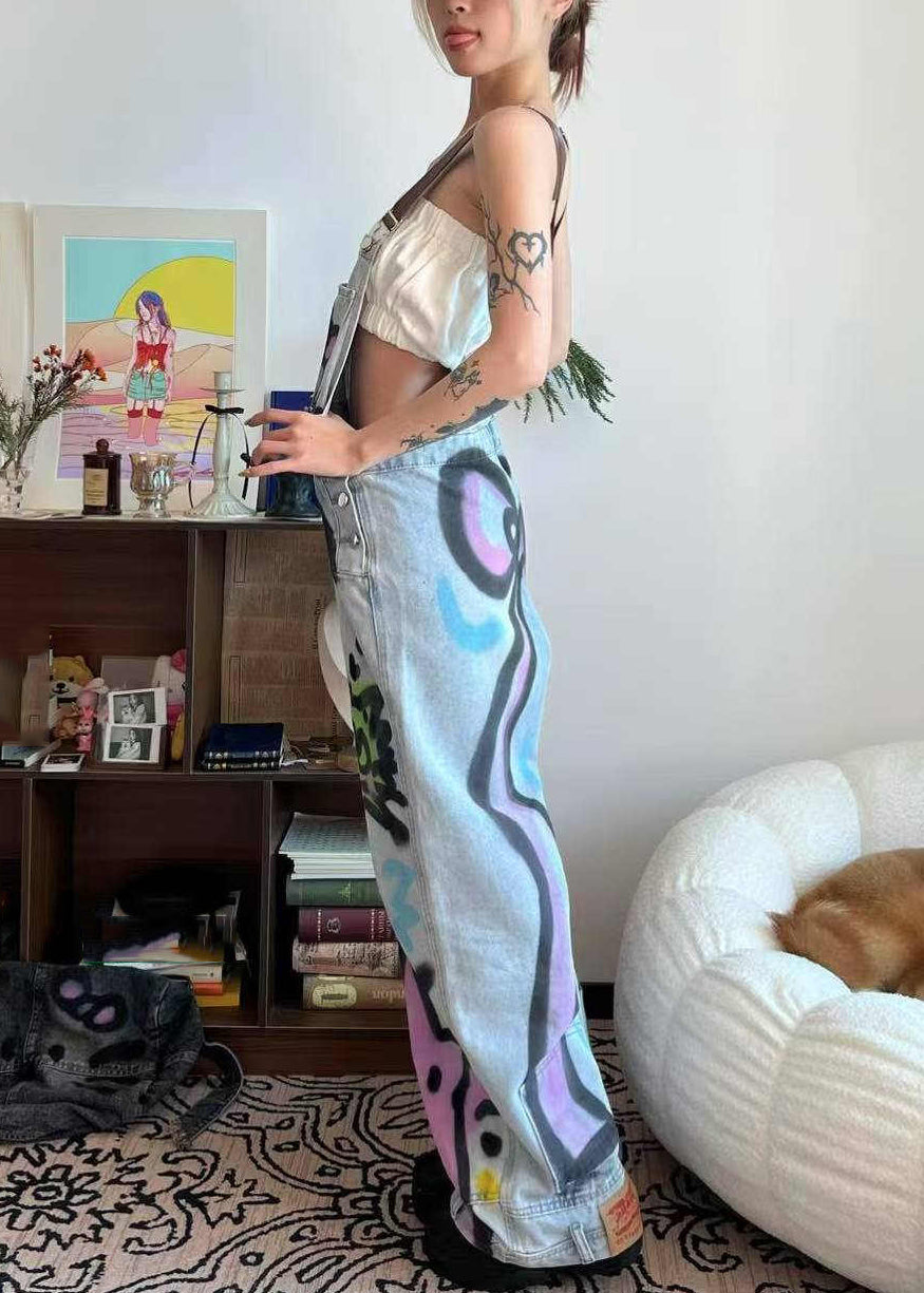 Blue Patchwork Loose Pockets Jumpsuit Dye Denim Summer Little Cats Tie