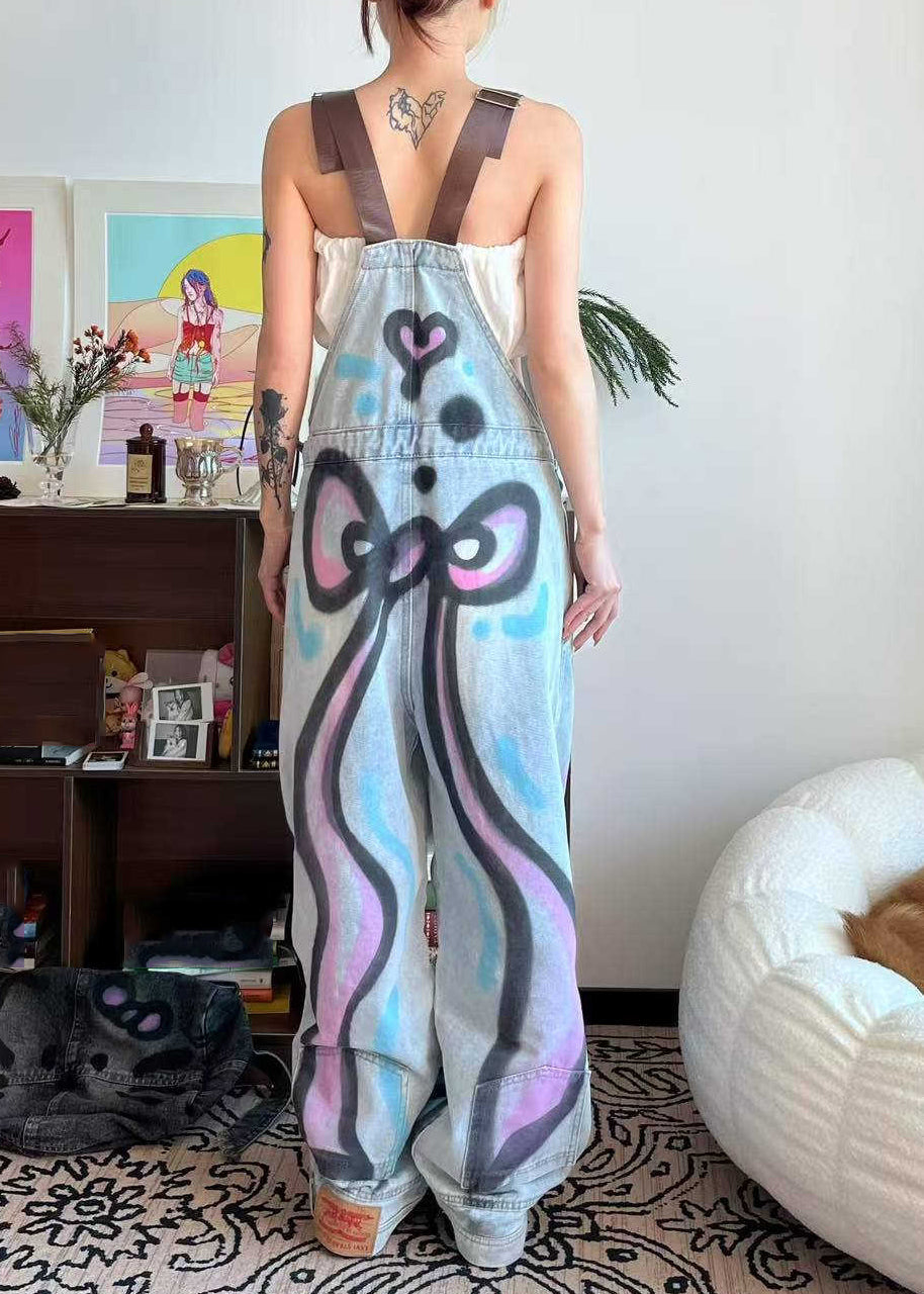 Blue Patchwork Loose Pockets Jumpsuit Dye Denim Summer Little Cats Tie