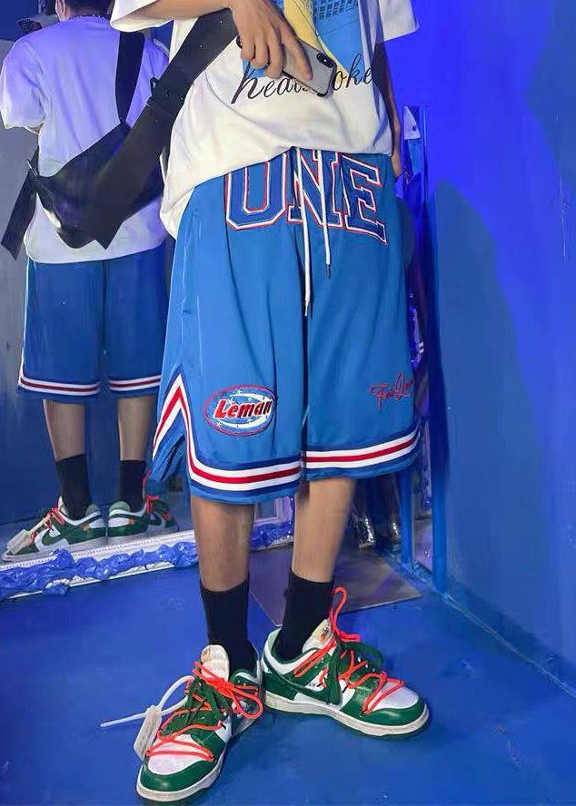 Summer Shorts Loose Elastic Men Basketball Print Blue Waist