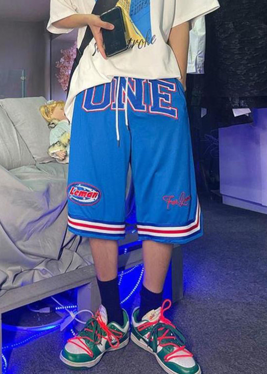 Summer Shorts Loose Elastic Men Basketball Print Blue Waist