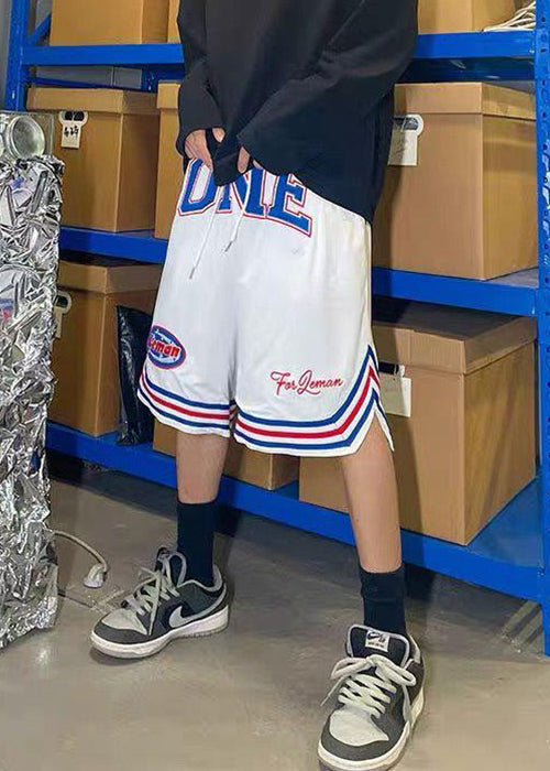 Summer Shorts Loose Elastic Men Basketball Print Blue Waist