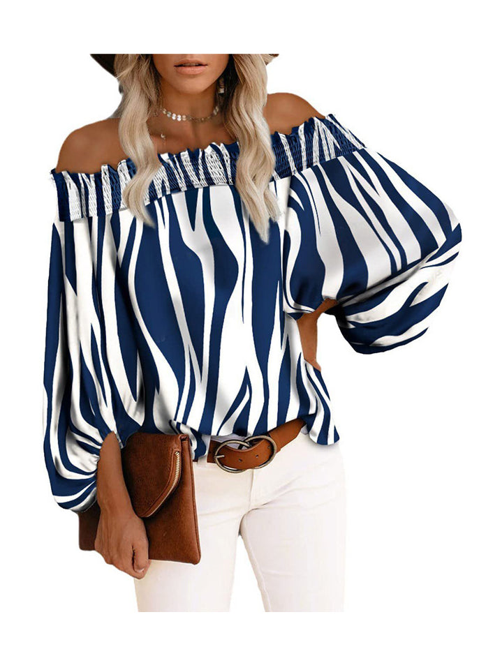 Neck Sleeve Cotton Slash Shirt Lantern Loose Blue Tops Striped