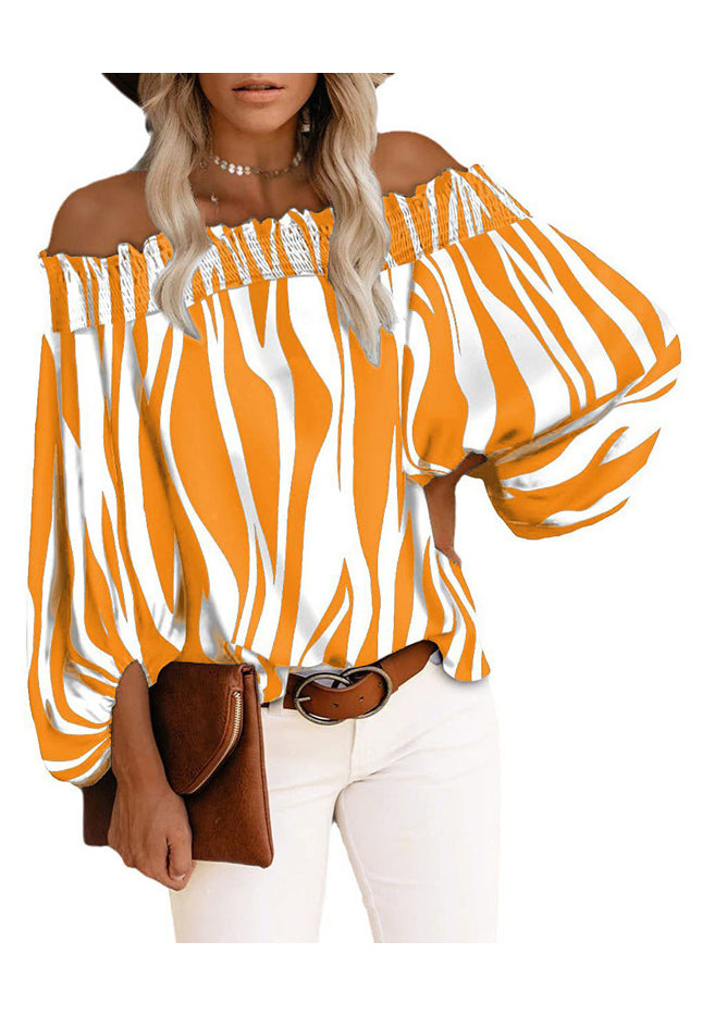 Neck Sleeve Cotton Slash Shirt Lantern Loose Blue Tops Striped