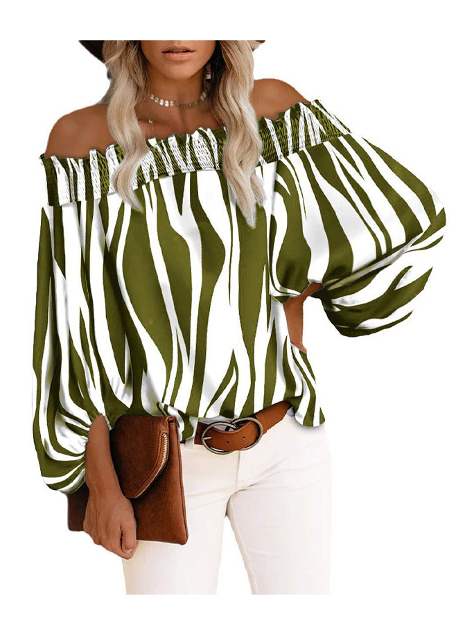 Neck Sleeve Cotton Slash Shirt Lantern Loose Blue Tops Striped