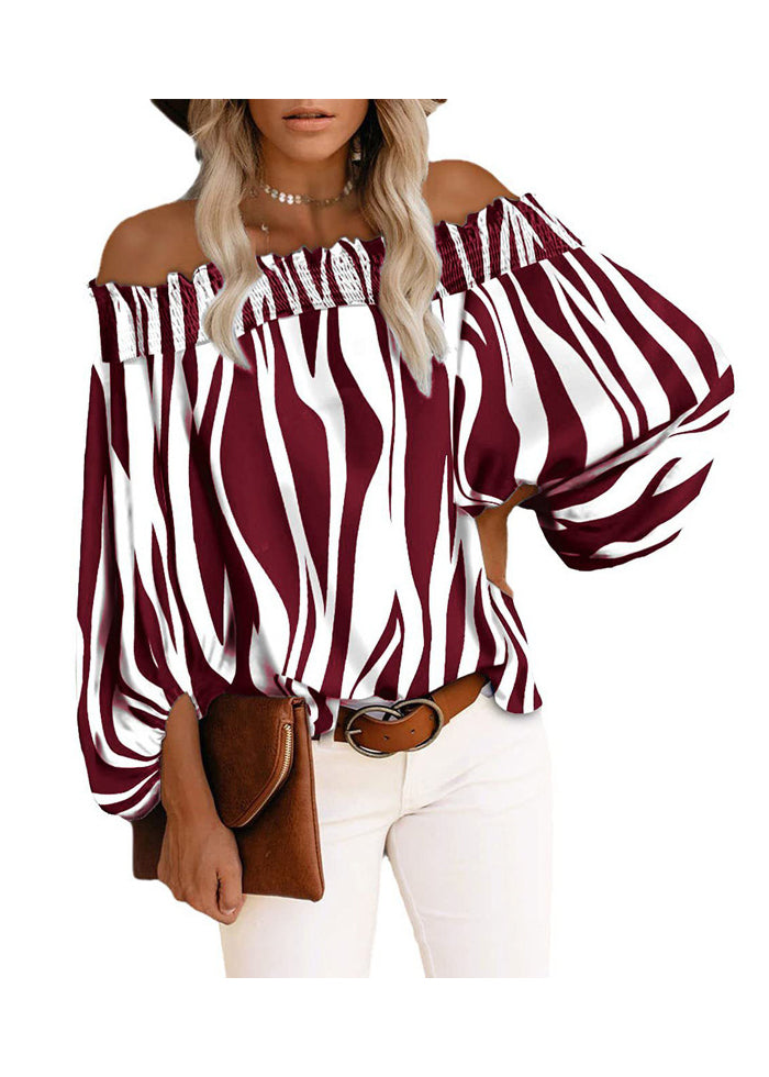 Neck Sleeve Cotton Slash Shirt Lantern Loose Blue Tops Striped