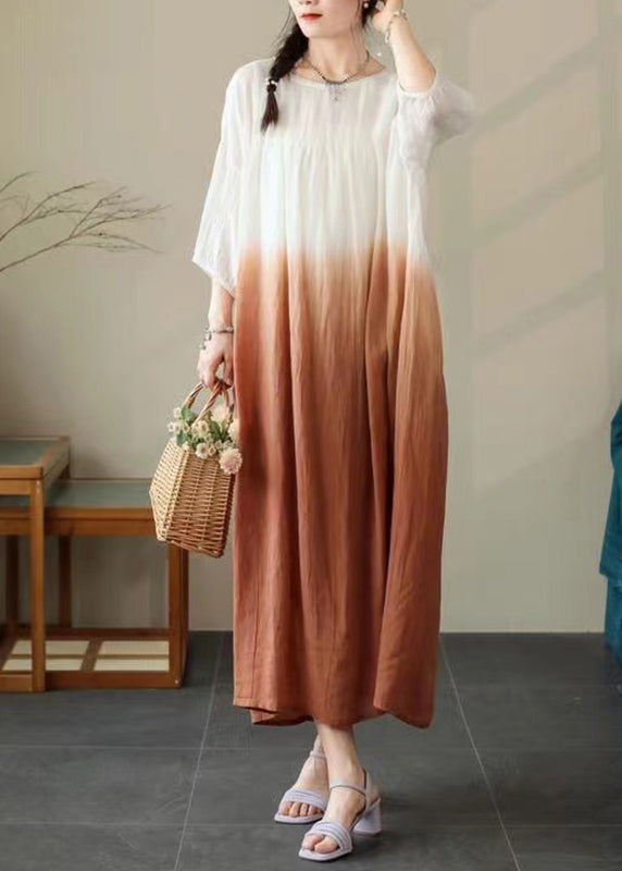Half Brown Color Dress Cotton Pockets Sleeve Gradient Loose